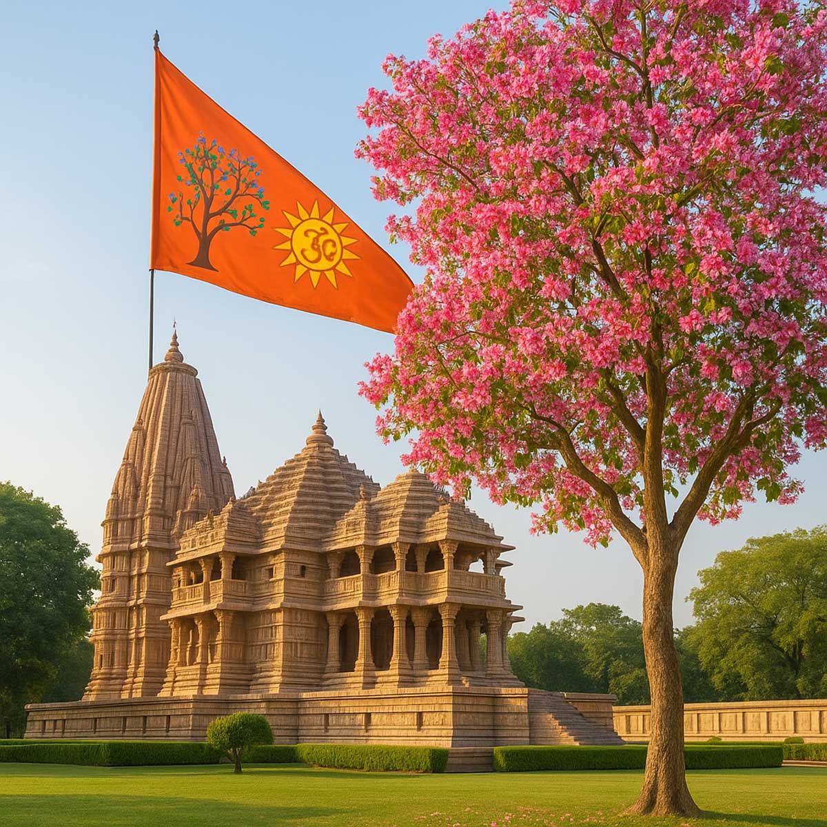Saffron Flag on Ram Mandir Shows Sacred Symbols of Sun and Kovidara Tree — Meaning Explained