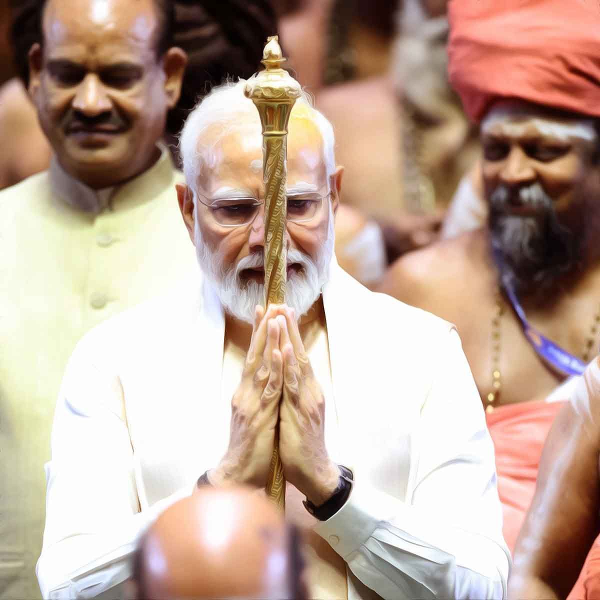  In a sacred exchange, the Adheenams presented Prime Minister Modi with extraordinary gifts, the precious 'Sengols,' while their melodious voices reverberated with verses from the sacred Thirumurais